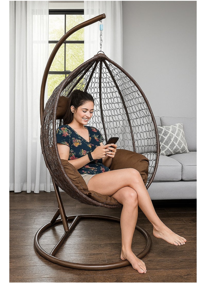 KARNAK Karnak Floral Hanging Egg Chair with Stand – Indoor Lounge Swing Chair with Cushions – Brown Frame with Floral Print  - Image 1