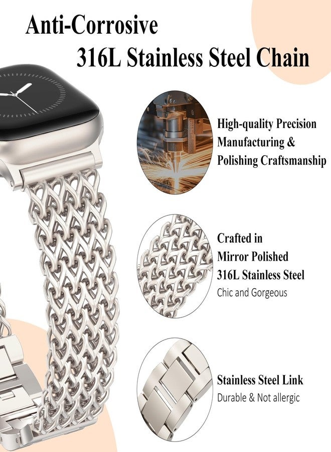 WINGLE Compatible for Apple Watch Band Women Series 11/10 42mm 41mm 40mm 38mm SE 3/2/1 Dressy Stainless Steel Metal Chain Strap Designer Link Bracelet Wristband for iWatch 9 8 7 6 5 4 3 2 1, Starlight - Image 3