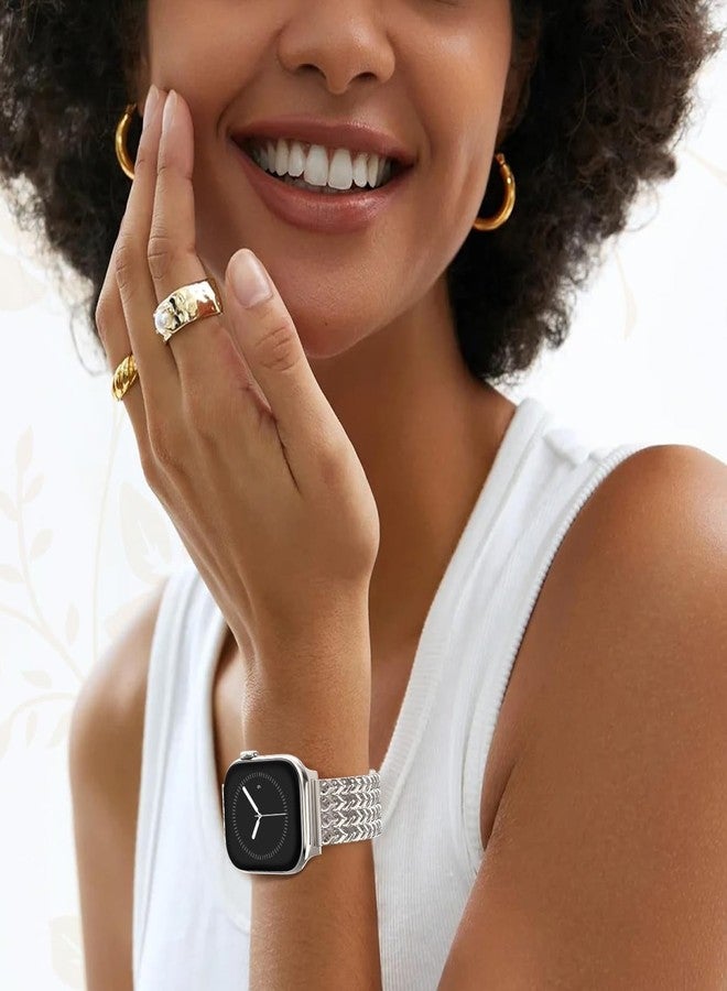 WINGLE Compatible for Apple Watch Band Women Series 11/10 42mm 41mm 40mm 38mm SE 3/2/1 Dressy Stainless Steel Metal Chain Strap Designer Link Bracelet Wristband for iWatch 9 8 7 6 5 4 3 2 1, Starlight - Image 5