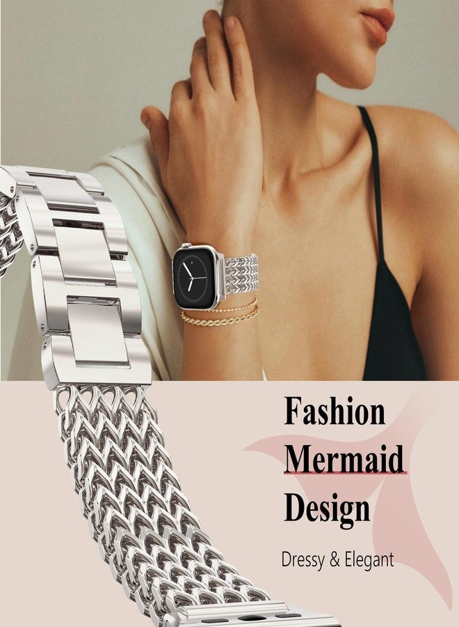 WINGLE Compatible for Apple Watch Band Women Series 11/10 42mm 41mm 40mm 38mm SE 3/2/1 Dressy Stainless Steel Metal Chain Strap Designer Link Bracelet Wristband for iWatch 9 8 7 6 5 4 3 2 1, Starlight - Image 2