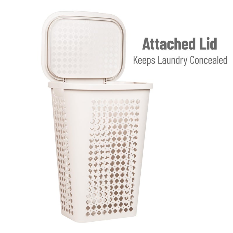 Mind Reader Slim Tapered Laundry Hamper with Lid, Clothes Basket with Swiss Cross Cut-Outs, Lightweight & Ventilated, Plastic, 16.75"L x 12.75"W x 23"H, Ivory - Image 5