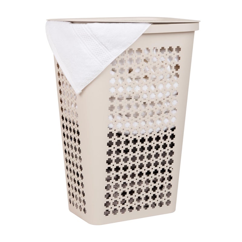 Mind Reader Slim Tapered Laundry Hamper with Lid, Clothes Basket with Swiss Cross Cut-Outs, Lightweight & Ventilated, Plastic, 16.75"L x 12.75"W x 23"H, Ivory - Image 1