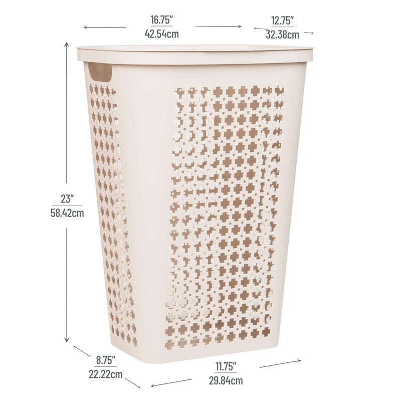 Mind Reader Slim Tapered Laundry Hamper with Lid, Clothes Basket with Swiss Cross Cut-Outs, Lightweight & Ventilated, Plastic, 16.75"L x 12.75"W x 23"H, Ivory - Image 3
