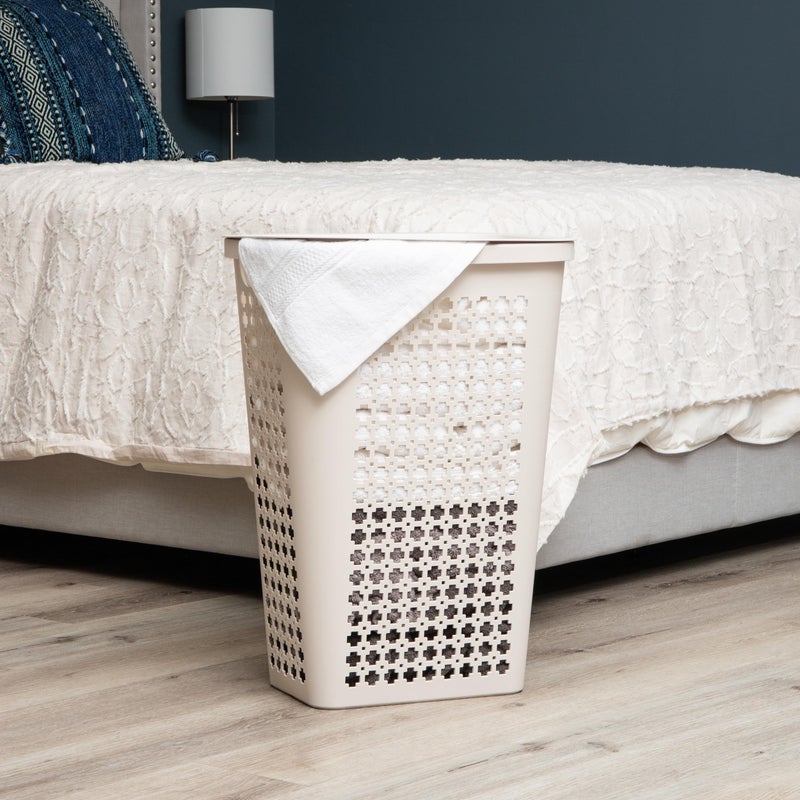 Mind Reader Slim Tapered Laundry Hamper with Lid, Clothes Basket with Swiss Cross Cut-Outs, Lightweight & Ventilated, Plastic, 16.75"L x 12.75"W x 23"H, Ivory - Image 2