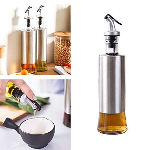 Baskety Glass Oil Dispenser with Steel Cover Seasoning Bottle/Glass Oil Bottle Leakproof Oiler Tank Household Stainless Steel Condiment Dispenser Steel 500ml (2) - Pack of 2 - Image 2