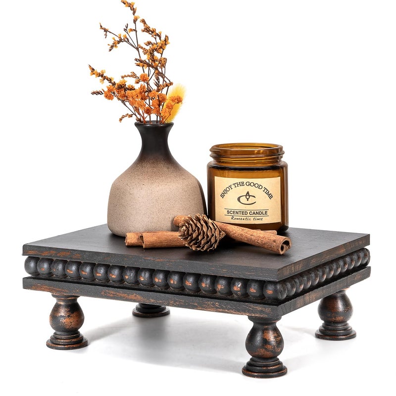 EOSAHR Pine Wood Display Riser â€“ Boho Pedestal Stand for Home Decor, Showcasing Apartment Essentials, Perfume Tray or Coffee Table Accents â€“ Modern Farmhouse Decor(Old Black) - Image 1