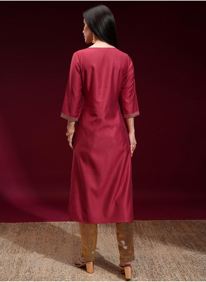 Vishudh Floral Embroidered Yoke Design Sequinned Straight Kurta by Styli  - Image 3