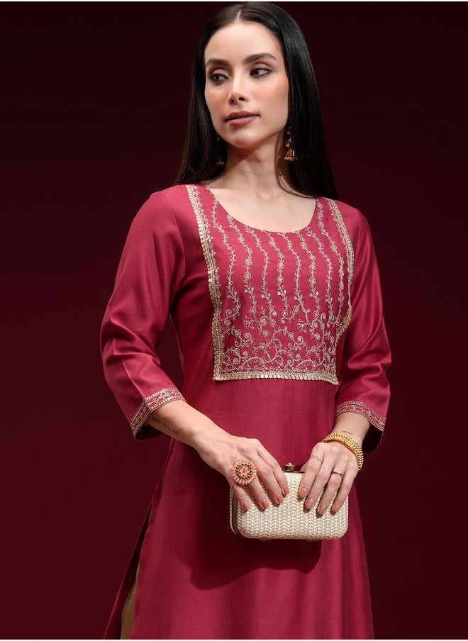 Vishudh Floral Embroidered Yoke Design Sequinned Straight Kurta by Styli  - Image 1