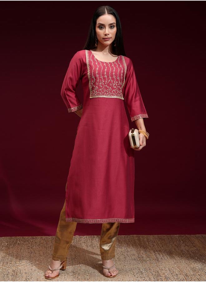 Vishudh Floral Embroidered Yoke Design Sequinned Straight Kurta by Styli  - Image 2