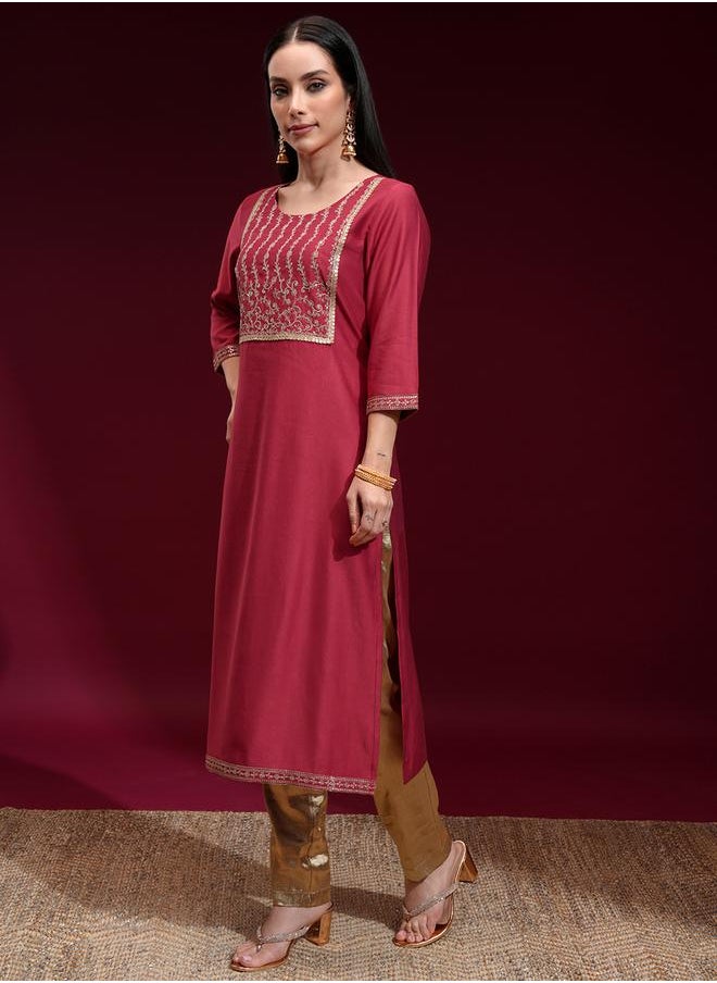 Vishudh Floral Embroidered Yoke Design Sequinned Straight Kurta by Styli  - Image 4