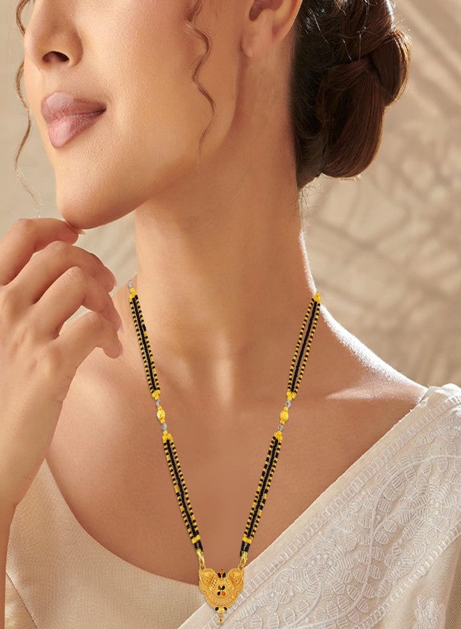 DULCI Exquisite Gold-Plated Brass Mangalsutra Pendant with Black Beaded Chain Traditional Indian Jewelry - Image 5