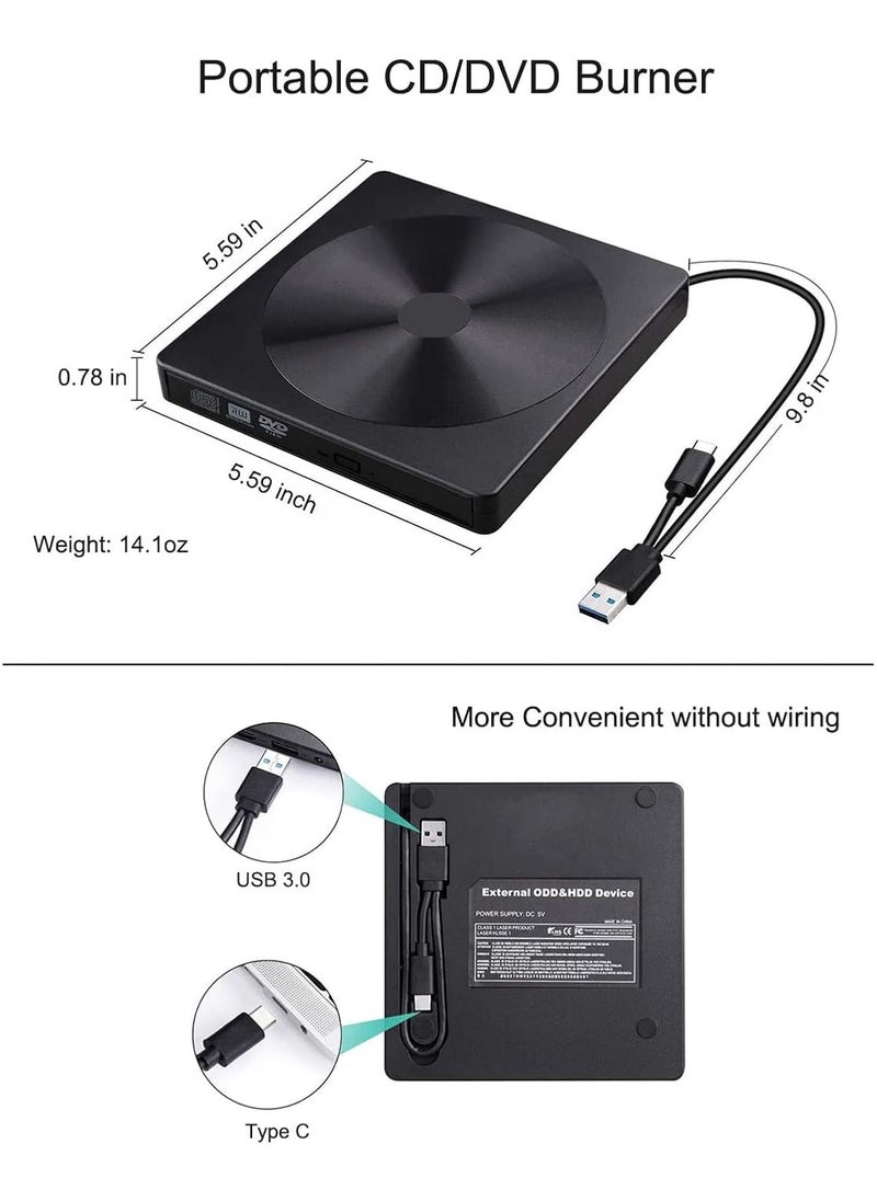 GUDOO External DVD Drive, External CD/DVD Drive for Laptop, DVD Player with USB 3.0 and Type-C, CD Reader for Laptop, Desktop, Mac, Macbook, IOS, Windows 10/8/7/XP and Linux  - Image 4