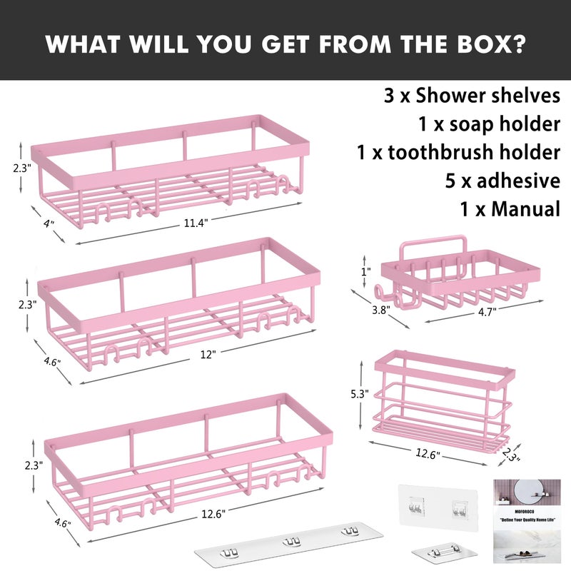 Moforoco Pink 5 Pack Shower Caddy Shelf Formersers Rack Self Reshesive Black Bathorting Storage Organization Home No Drilling Insid - Image 4