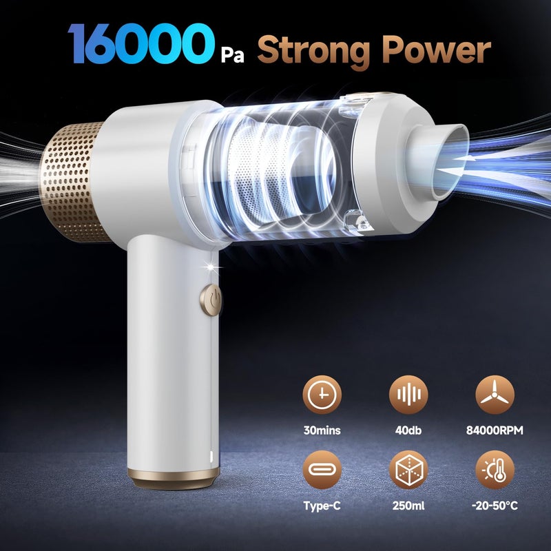 Vizeusvac Car Vacuum Cleaner, 16000PA Mini Car Vacuum Cordless Powerful, 7 in 1 Portable Handheld Vacuum Cordless with LED Light, Dual Filters, One-Touch Empty for Pet Hair, Home, Office - Image 2