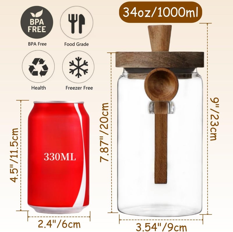 ANSQU 2 Pack Glass Jars with Wooden Lids & Spoons, 34oz Food Storage Containers Coffee Jar Coffee Grounds Container, Food Storage Canister - Image 3