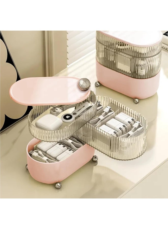 360-degree rotating 3-tier jewelry organizer with drawer and transparent cover, dustproof and waterproof, for storing accessories and cosmetics easily and stylishly. - Image 2
