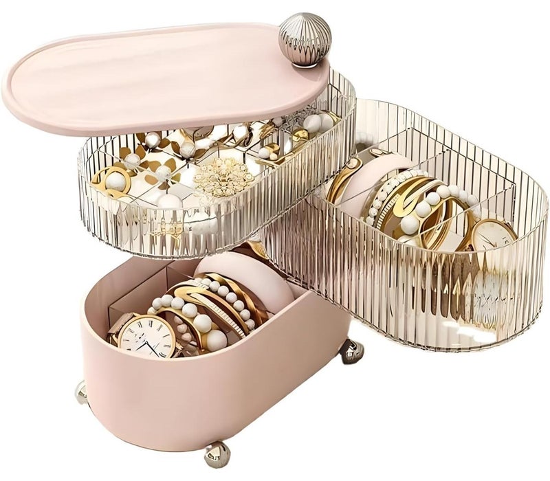 360-degree rotating 3-tier jewelry organizer with drawer and transparent cover, dustproof and waterproof, for storing accessories and cosmetics easily and stylishly. - Image 1