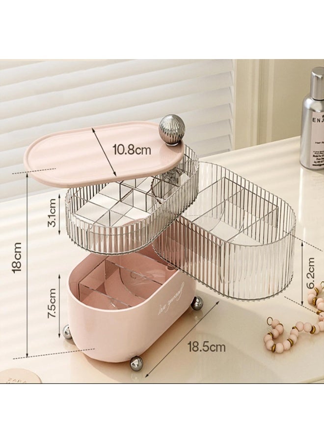 360-degree rotating 3-tier jewelry organizer with drawer and transparent cover, dustproof and waterproof, for storing accessories and cosmetics easily and stylishly. - Image 2