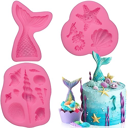 SAKOLLA Mermaid Theme Silicone Fondant Mold  Mermaid Tail Seashell Starfish Hippocampus Conch Silicone Mold for Under The Sea Cake Decoration Gum Paste Polymer Clay Cupcake Decor Sugar Craft