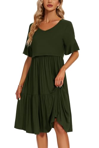 Smallshow Womens Maternity Nursing Dress Ruffle Short Sleeve Breastfeeding Clothes Small Army Green - Image 3