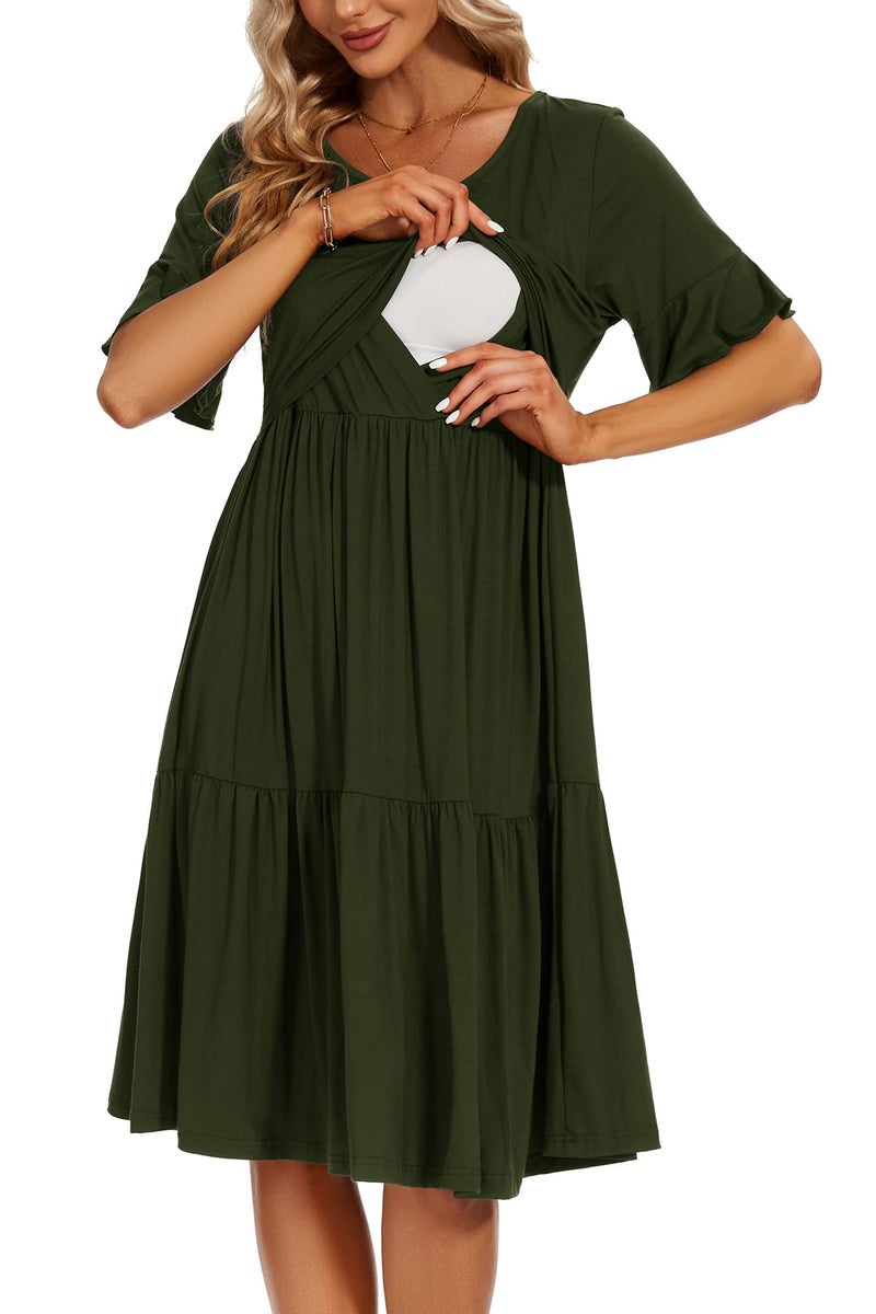 Smallshow Womens Maternity Nursing Dress Ruffle Short Sleeve Breastfeeding Clothes Small Army Green - Image 2