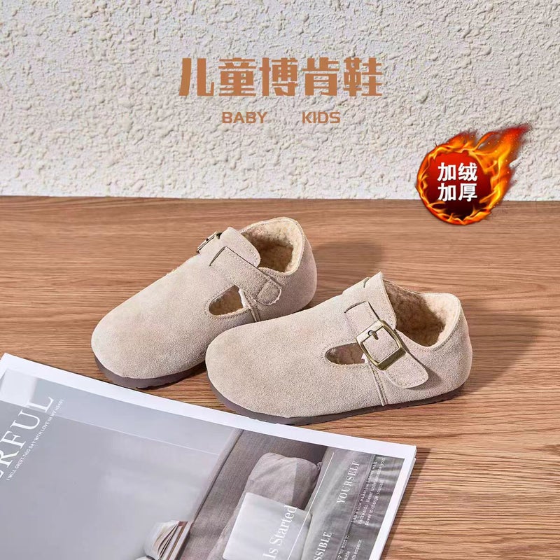 Children'S Boken Shoes Soft Bottom Leather Shoes Girls' Single Shoes Boys' Genuine Leather Fleece-Lined Baby Peas Shoes - Image 1