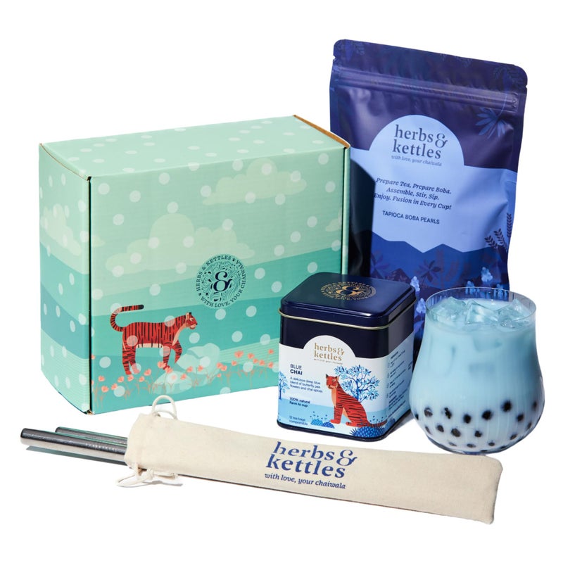 Herbs & Kettles Blue Chai Boba Kit | Butterfly Pea Flower Chai with Ginger, Cardamom, Cloves & Cinnamon + Chewy Tapioca Pearls | Complete DIY Caffeine-Free Bubble Tea Kit with Reusable Straws | - Image 1