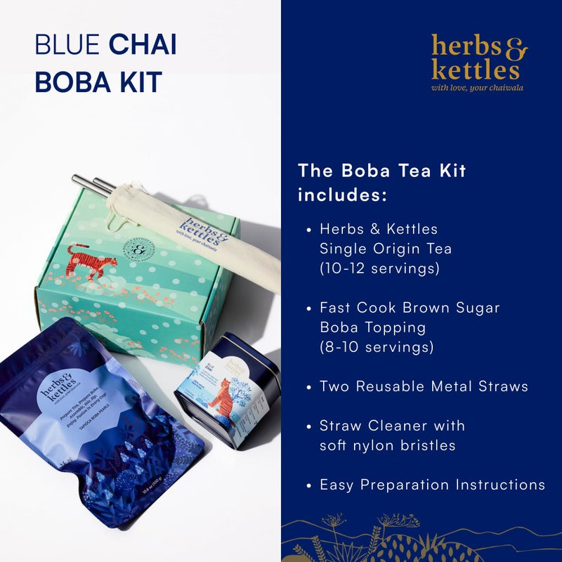 Herbs & Kettles Blue Chai Boba Kit | Butterfly Pea Flower Chai with Ginger, Cardamom, Cloves & Cinnamon + Chewy Tapioca Pearls | Complete DIY Caffeine-Free Bubble Tea Kit with Reusable Straws | - Image 2
