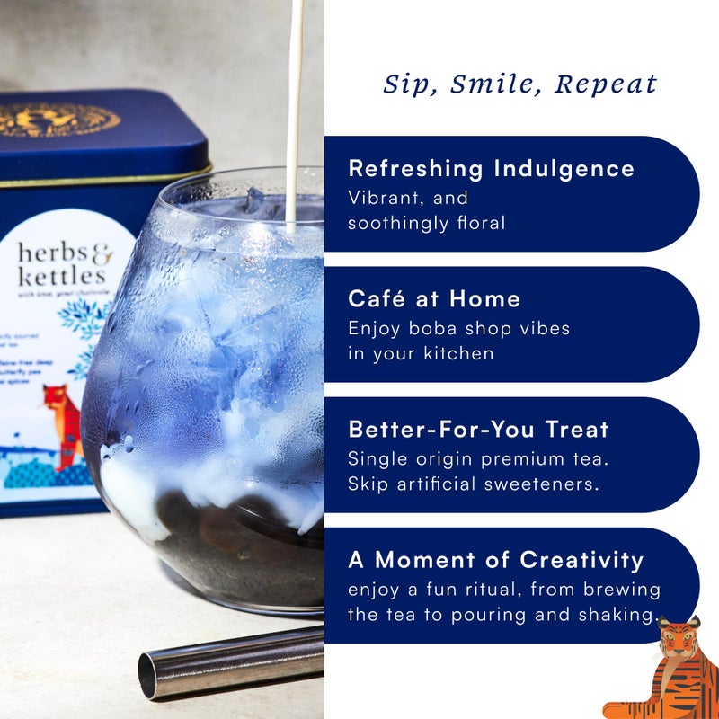Herbs & Kettles Blue Chai Boba Kit | Butterfly Pea Flower Chai with Ginger, Cardamom, Cloves & Cinnamon + Chewy Tapioca Pearls | Complete DIY Caffeine-Free Bubble Tea Kit with Reusable Straws | - Image 3