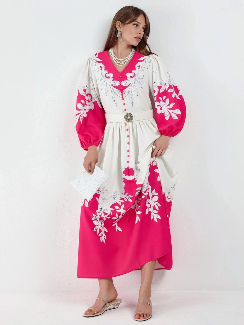 Jennyfer Floral Maxi Dress with V-Neck and Button Detail - Image 1