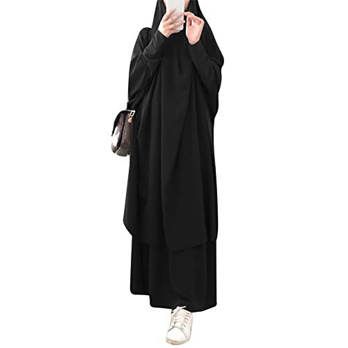 FPOVFPO Womens Muslim Abaya Solid 2 Piece Prayer Dress Islamic Maxi Kaftan with Hijab Dubai Full Length Dress - Image 1