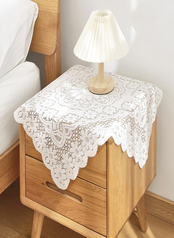 Huierxun Cotton White Lace Small Square Tablecloth 24 x 24 Inch Embroidered Table Cloth Shabby Chic Wedding Baby Shower Table Cover for Nightstand End Bedside Tables Tabletop Decoration(White,24"x24") - Image 1