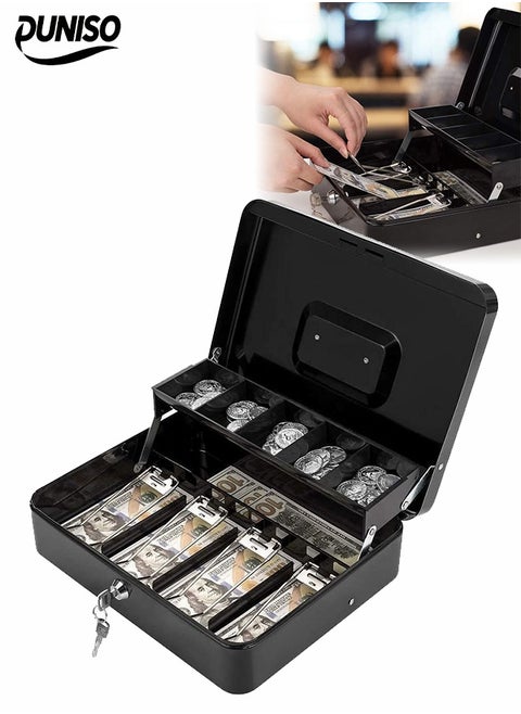 Cash Box with Key Lock，Money Box with Money Tray and 5 Compartments, Children's Deposit Box, Convenience Store Safe，Spring Loaded，Lock Safe Box for Office Small Business,Black