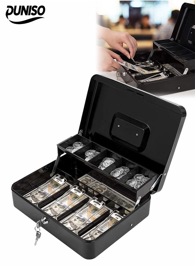 DUNISO Cash Box with Key Lock，Money Box with Money Tray and 5 Compartments, Children's Deposit Box, Convenience Store Safe，Spring Loaded，Lock Safe Box for Office Small Business,Black  - Image 1