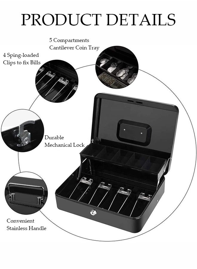 DUNISO Cash Box with Key Lock，Money Box with Money Tray and 5 Compartments, Children's Deposit Box, Convenience Store Safe，Spring Loaded，Lock Safe Box for Office Small Business,Black  - Image 3