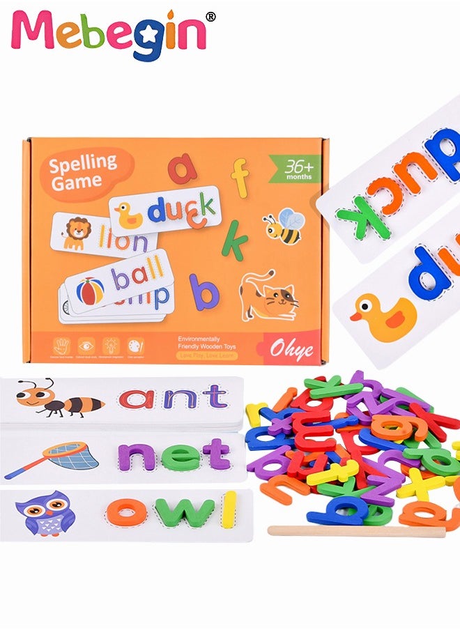MEBEGIN Wooden Reading Alphabet Spelling Games with 28 Cards Letter Words Puzzle for Kids Montessori Spinning Alphabet Learning Toy for Preschool Boys Girls  - Image 1