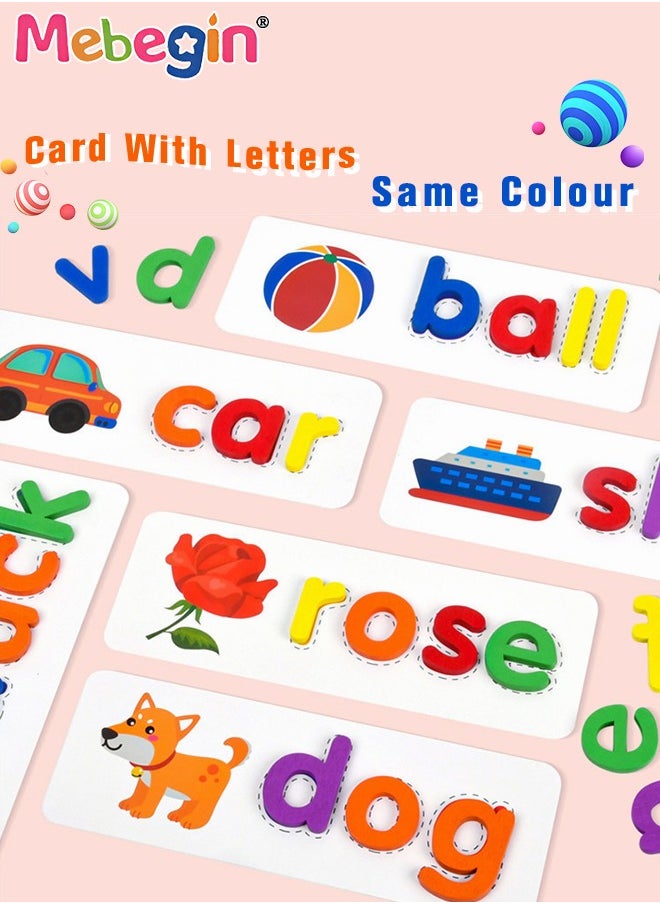 MEBEGIN Wooden Reading Alphabet Spelling Games with 28 Cards Letter Words Puzzle for Kids Montessori Spinning Alphabet Learning Toy for Preschool Boys Girls  - Image 5