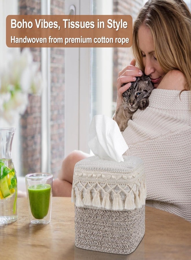 Kortimu Square Boho Tissue Box Cover: Hand-Woven Tassel Holder for Bathroom, Table & Kitchen - Open-Bottom Design Decorative Cover for Home, Office & Farmhouse Decor - Image 4
