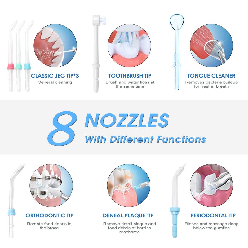 TUREWELL جهاز تنظيف الأسنان بالماء TUREWELL، 600 مل منظف أسنان 10 إعدادات ضغط قابلة للتعديل، جهاز تنظيف الأسنان الكهربائي للأسنان/الأقواس، 8 رؤوس بديلة للعائلة (أبيض) - Image 3