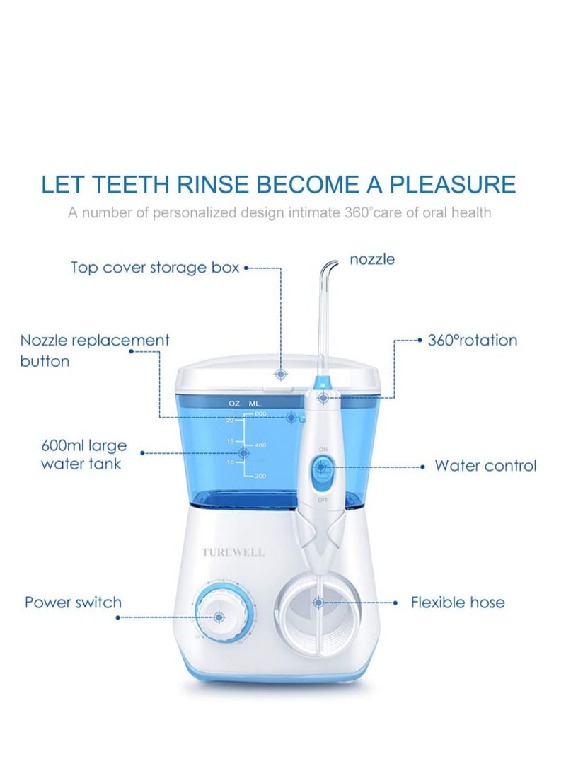 TUREWELL - TUREWELL Water Flossing Oral Irrigator, 600ML Dental Cleaner 10 Adjustable Pressure, Electric Oral Flosser for Teeth/Braces, 8 Water Jet Tips for Family (White) - Image 1