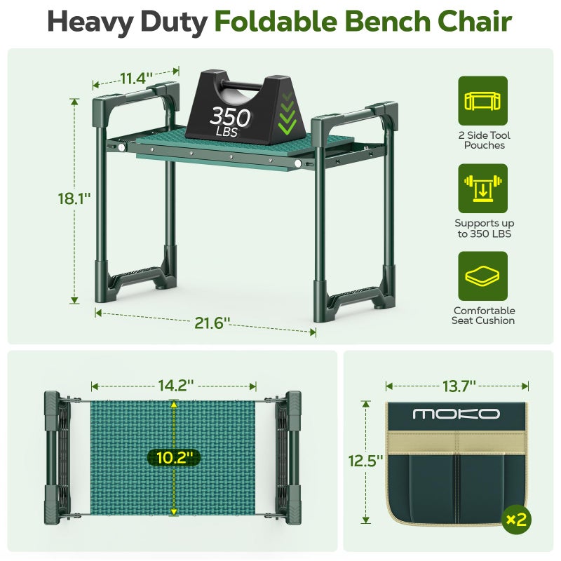 MoKo Garden Kneeler, Heavy Duty Garden Kneeler and Seat Supports up to 350Lbs, Gardening Stool with LargeTool Bag, Foldable Kneeling Stool Space Saving, Gardening Gifts for Women, Seniors, Dark Green - Image 2