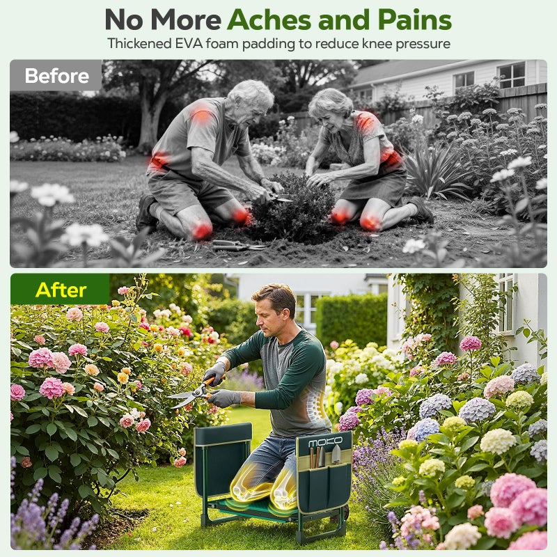 MoKo Garden Kneeler, Heavy Duty Garden Kneeler and Seat Supports up to 350Lbs, Gardening Stool with LargeTool Bag, Foldable Kneeling Stool Space Saving, Gardening Gifts for Women, Seniors, Dark Green - Image 4