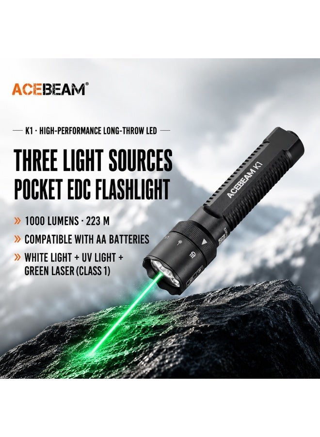 ACEBEAM K1 Black 3-in-1 EDC Flashlight 1000 Lumens 223 m Green Beam 365nm UV IP68 - Image 1