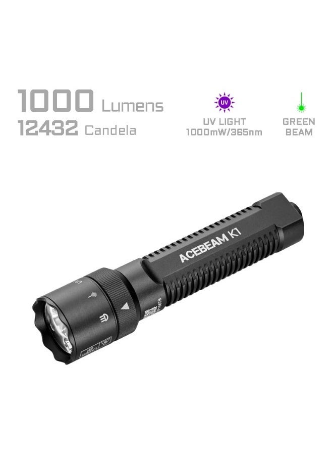 ACEBEAM K1 Black 3-in-1 EDC Flashlight 1000 Lumens 223 m Green Beam 365nm UV IP68 - Image 3