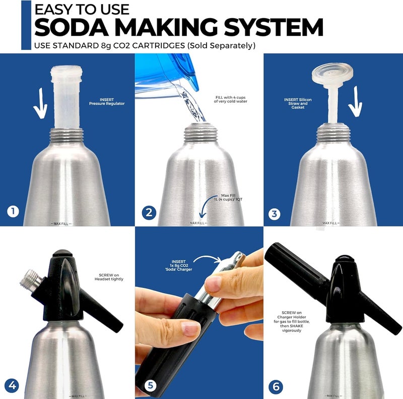 ICO Soda Siphon, Sparkling Water Maker, Soda Maker, Carbonated Water Machine for Fresh Soda Water, Cocktails, Hard Seltzers, Uses 8g C02 cartridges (Not Included), 1L/1 Pint - Image 3