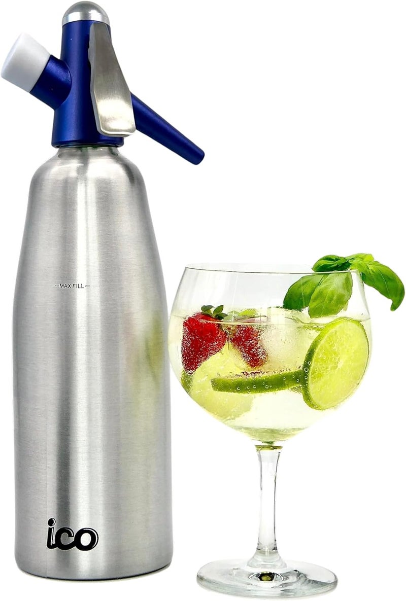 ICO Soda Siphon, Sparkling Water Maker, Soda Maker, Carbonated Water Machine for Fresh Soda Water, Cocktails, Hard Seltzers, Uses 8g C02 cartridges (Not Included), 1L/1 Pint - Image 1