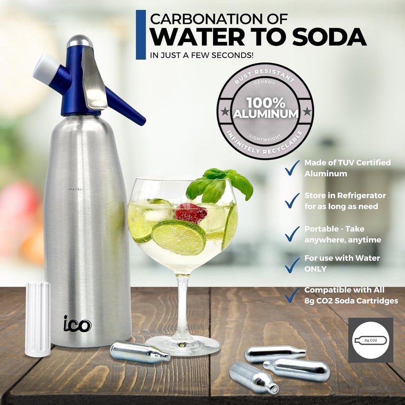 ICO Soda Siphon, Sparkling Water Maker, Soda Maker, Carbonated Water Machine for Fresh Soda Water, Cocktails, Hard Seltzers, Uses 8g C02 cartridges (Not Included), 1L/1 Pint - Image 5