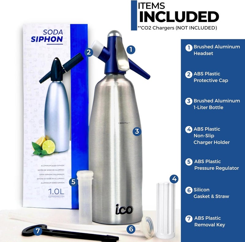 ICO Soda Siphon, Sparkling Water Maker, Soda Maker, Carbonated Water Machine for Fresh Soda Water, Cocktails, Hard Seltzers, Uses 8g C02 cartridges (Not Included), 1L/1 Pint - Image 2