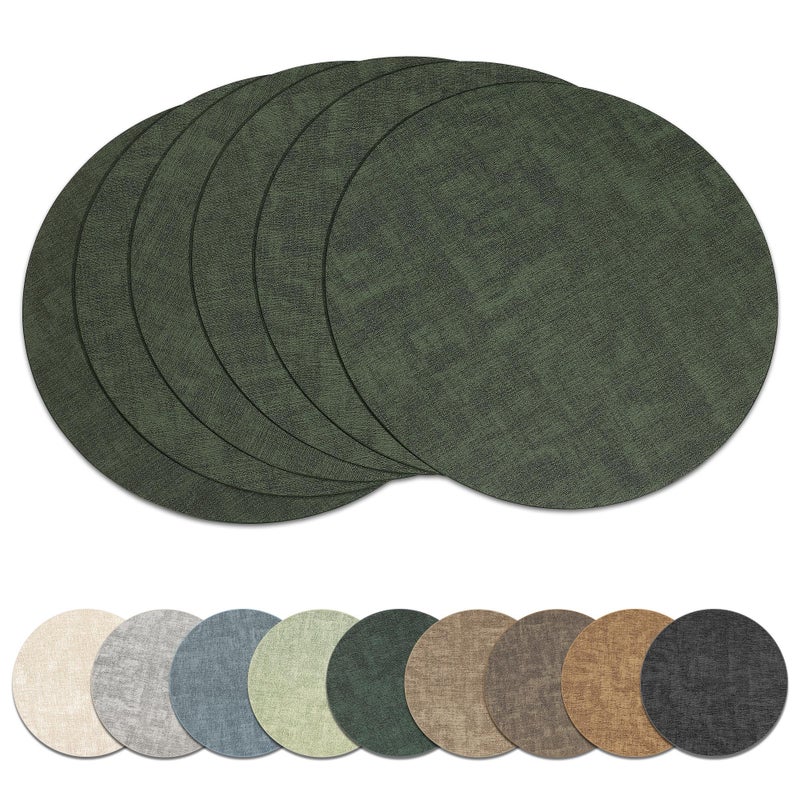 NCUE 13" Round Placemats Set of 6, Reversible Faux Leather Heat Resistant Table Mats, Waterproof Oilproof Wipeable Table Protective Placemats for Vinyl, Washable for Indoor & Outdoor Use (6, Dark Green) - Image 1