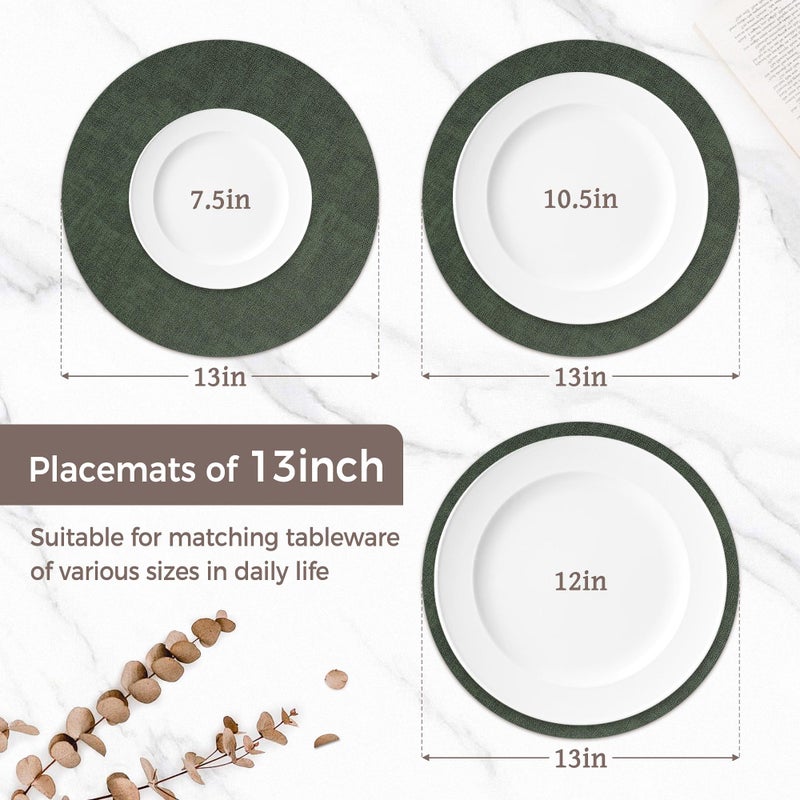 NCUE 13" Round Placemats Set of 6, Reversible Faux Leather Heat Resistant Table Mats, Waterproof Oilproof Wipeable Table Protective Placemats for Vinyl, Washable for Indoor & Outdoor Use (6, Dark Green) - Image 2